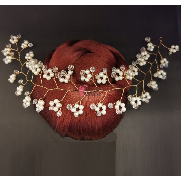 Accesoriu modern pentru decor par WED32 Auriu cu cristale si perle de 35cm